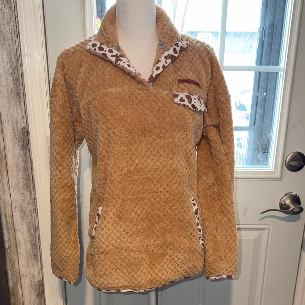 Simply Southern Tan Sherpa Pullover with Cow Print Trim